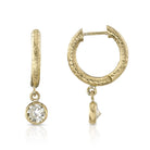 SINGLE STONE JANE DROP HUGGIES | Earrings featuring 0.53ctw J-K/SI antique Old Mine cut diamonds bezel set on handcrafted 18K yellow gold hammered finish huggie earrings.